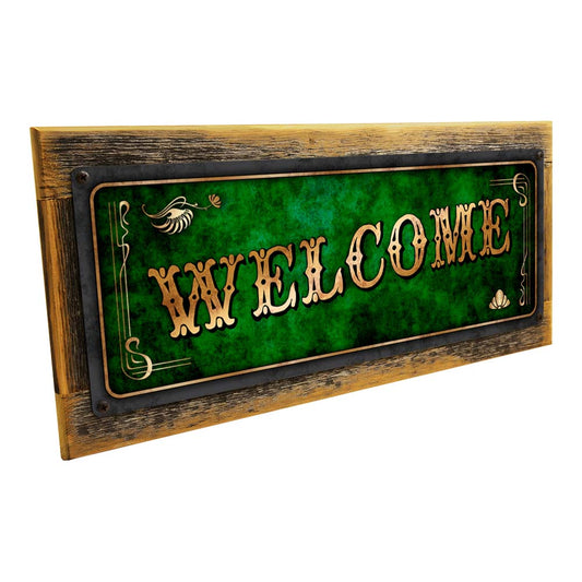 Framed Green Welcome Metal Sign