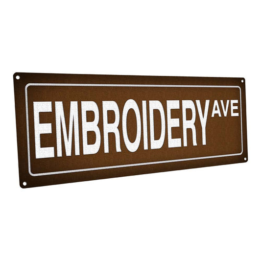Brown And White Embroidery Ave Metal Sign
