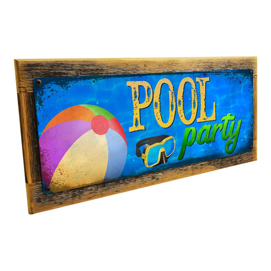Framed Pool Party Blue Water Metal Sign