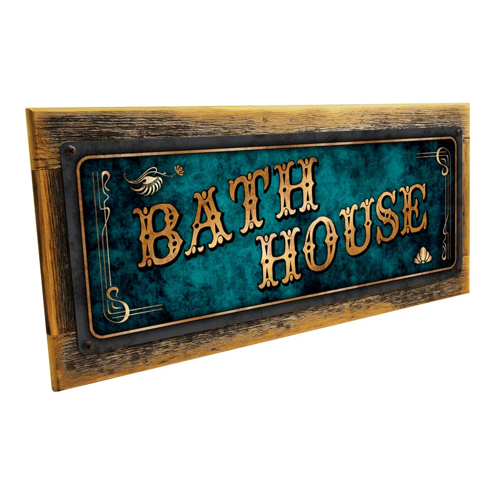 Framed Blue Bath House Metal Sign