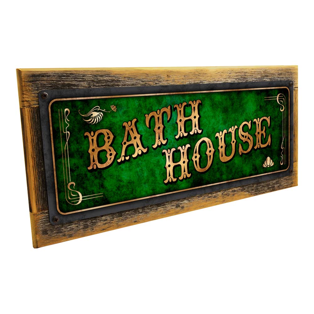 Framed Green Bath House Metal Sign