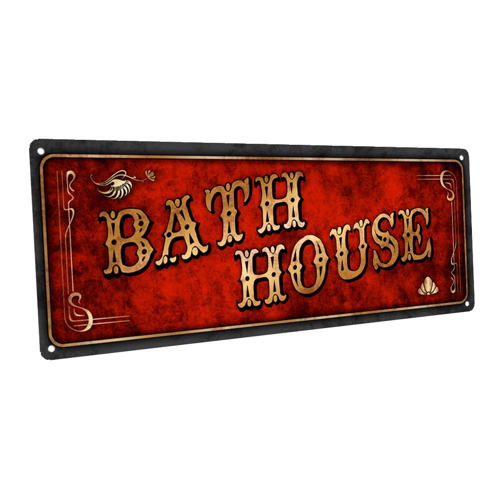 Red Bath House Metal Sign