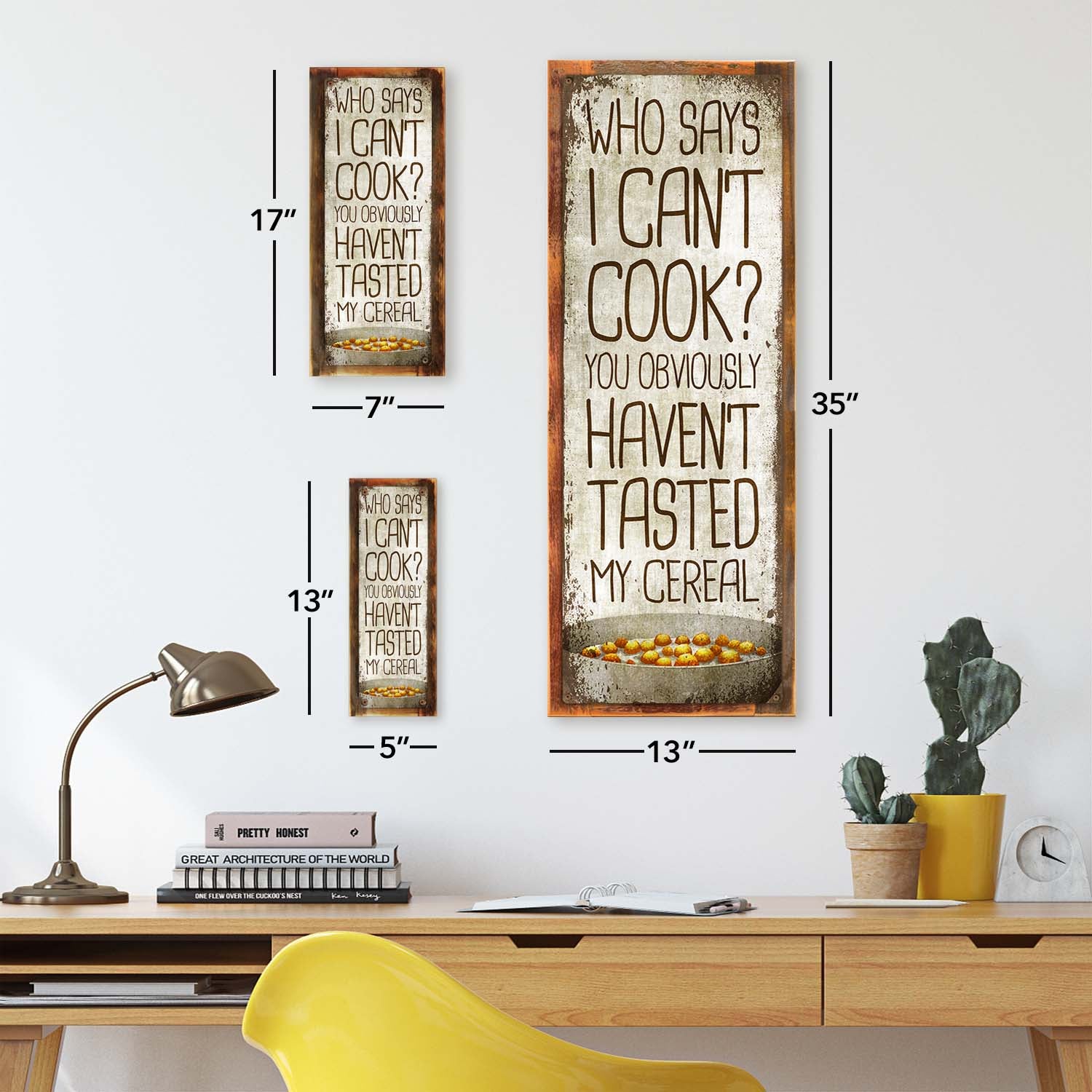 Photo showing relative proportions of different framed product sizes