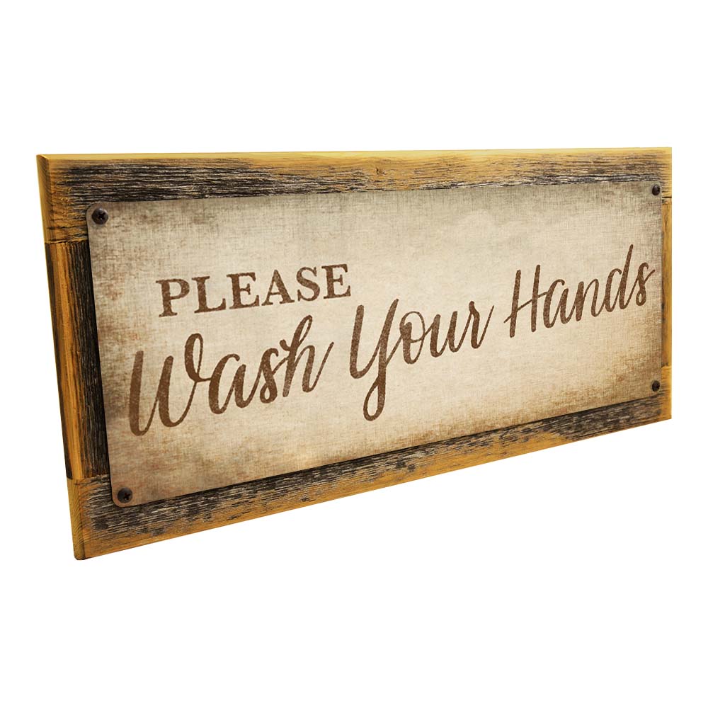 Framed Beige Please Wash Your Hands Metal Sign