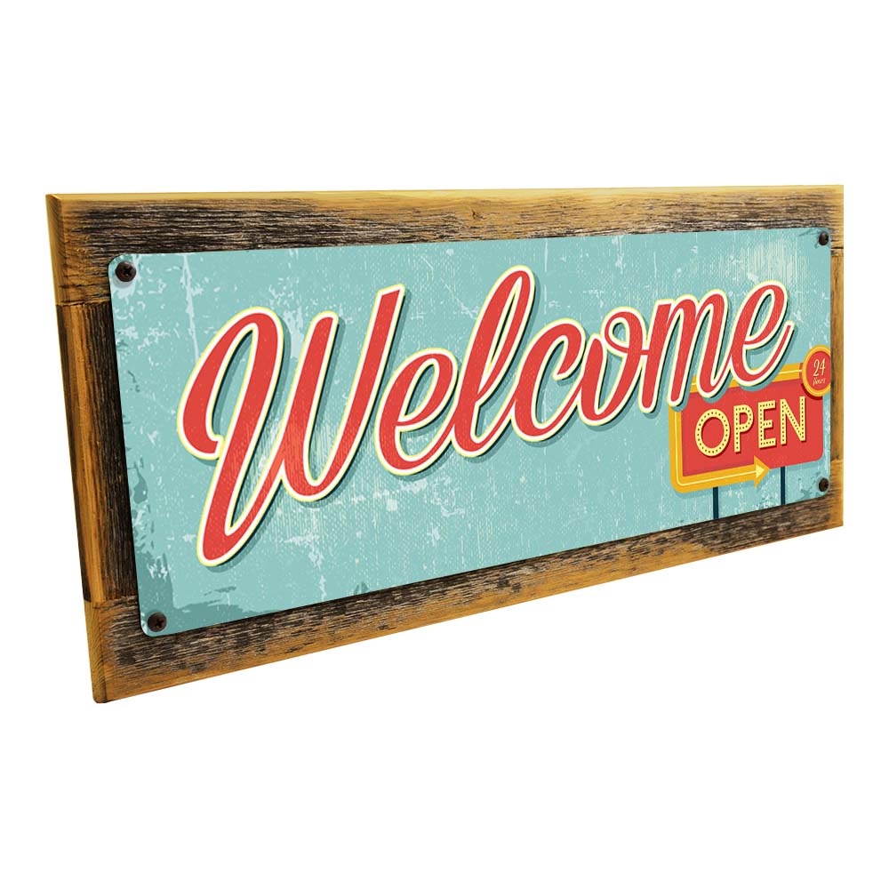 Framed Mid-Century Welcome Open Metal Sign