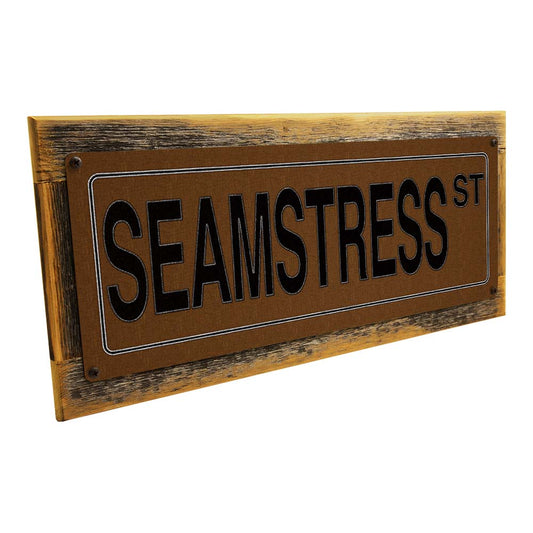 Framed Brown Seamstress St Metal Sign